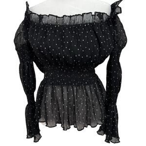 Endless Rose Womens Size Small Off the Shoulder Blouse Top Black White Polka Dot